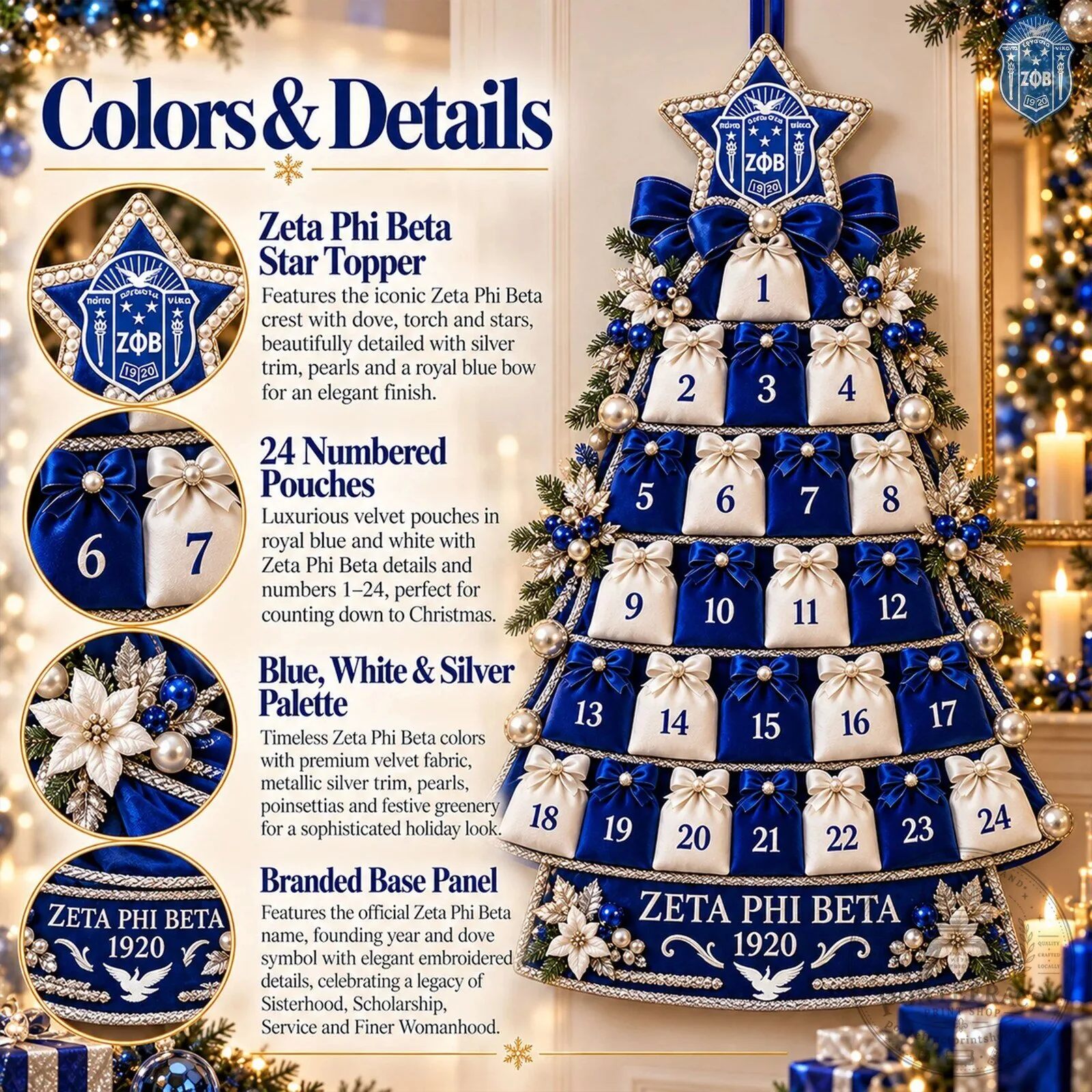 Zeta Phi Beta Sorority Christmas Tree Advent Calendar with 24 Numbered Pouches 2D 2 Zeta Phi Beta Sorority Christmas Tree Advent Calendar with 24 Numbered Pouches