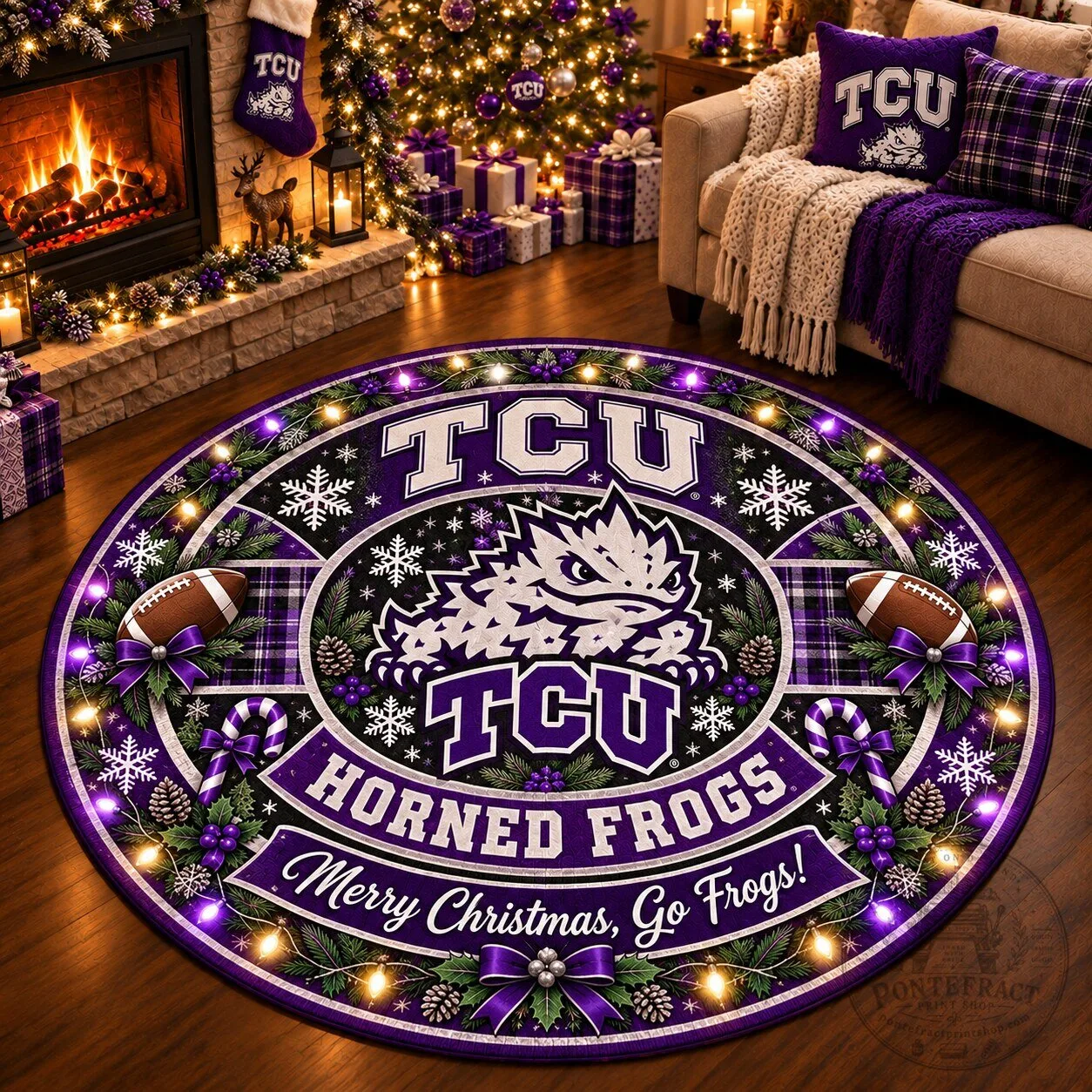 TCU Horned Frogs Merry Christmas Football Holiday Round Rug 5 TCU Horned Frogs Merry Christmas Football Holiday Round Rug