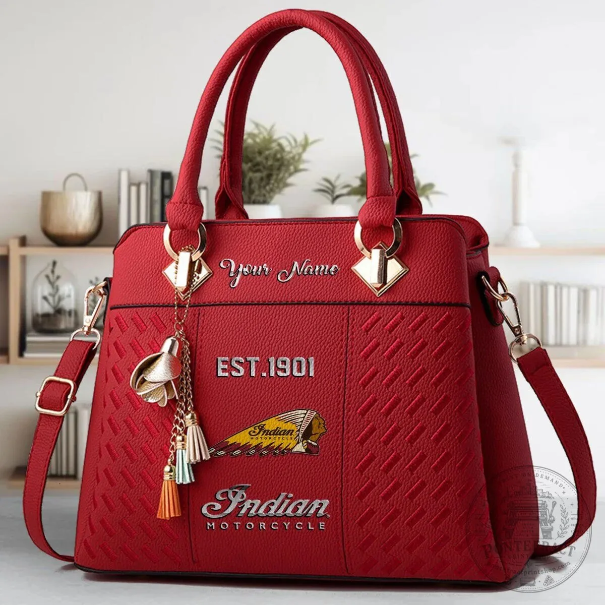 Indian Motorcycle Custom Name Est. 1901 Red Faux Leather Handbag