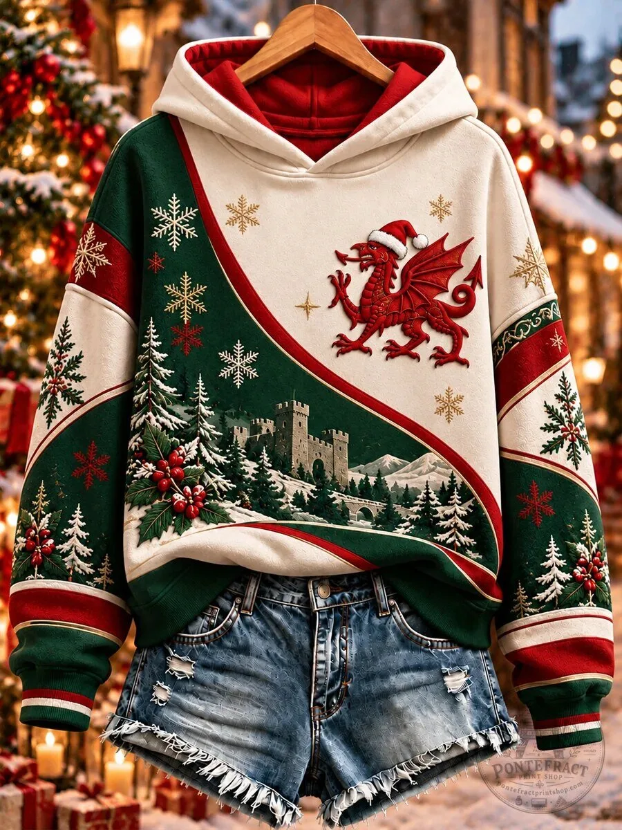 Winter Hoodie featuring Welsh Dragon and Snowflakes for Christmas Celebrations