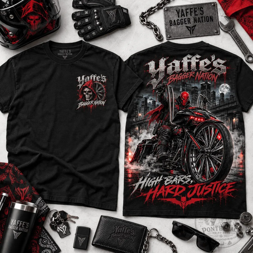 Yaffe's Bagger Nation Red Hood High Bars Hard Justice Motorcycle T-Shirt Yaffe's Bagger Nation Red Hood High Bars Hard Justice Motorcycle T-Shirt