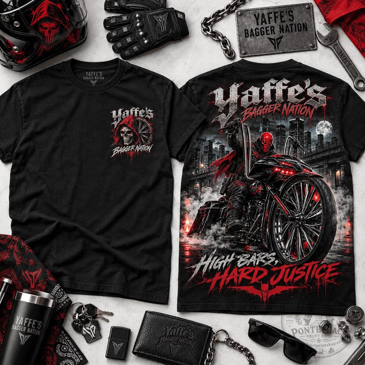 Yaffe's Bagger Nation Red Hood High Bars Hard Justice Motorcycle T-Shirt 4 Yaffe's Bagger Nation Red Hood High Bars Hard Justice Motorcycle T-Shirt