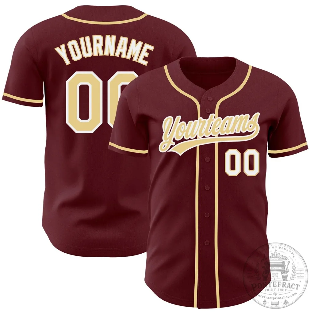 Personalized Authentic Baseball Jersey in Burgundy, Gold, and White Featuring Your Name and Number Personalized Authentic Baseball Jersey in Burgundy, Gold, and White Featuring Your Name and Number
