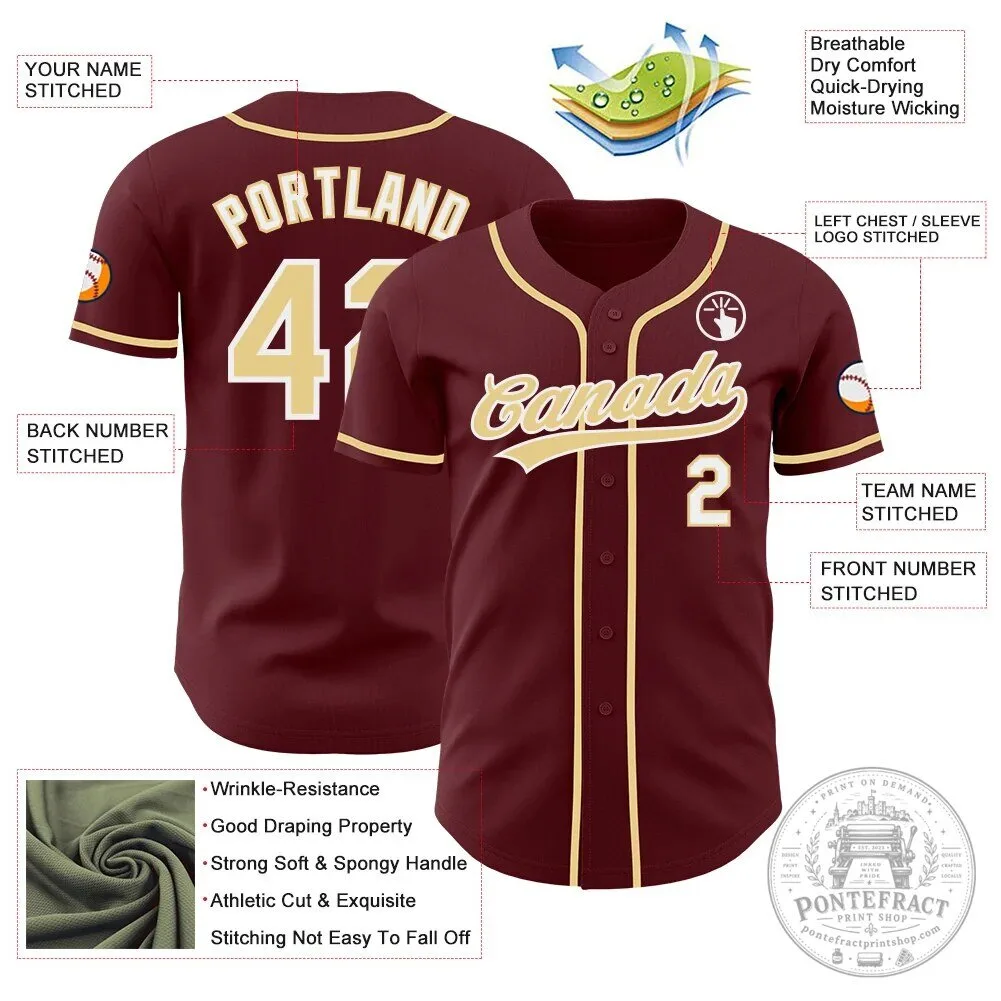 Personalized Authentic Baseball Jersey in Burgundy, Gold, and White Featuring Your Name and Number 11 Personalized Authentic Baseball Jersey in Burgundy, Gold, and White Featuring Your Name and Number
