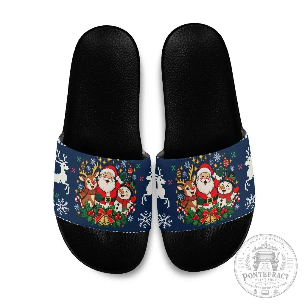 Christmas Santa Claus Reindeer Snowman Holiday Pattern Slide Sandals 9 Christmas Santa Claus Reindeer Snowman Holiday Pattern Slide Sandals