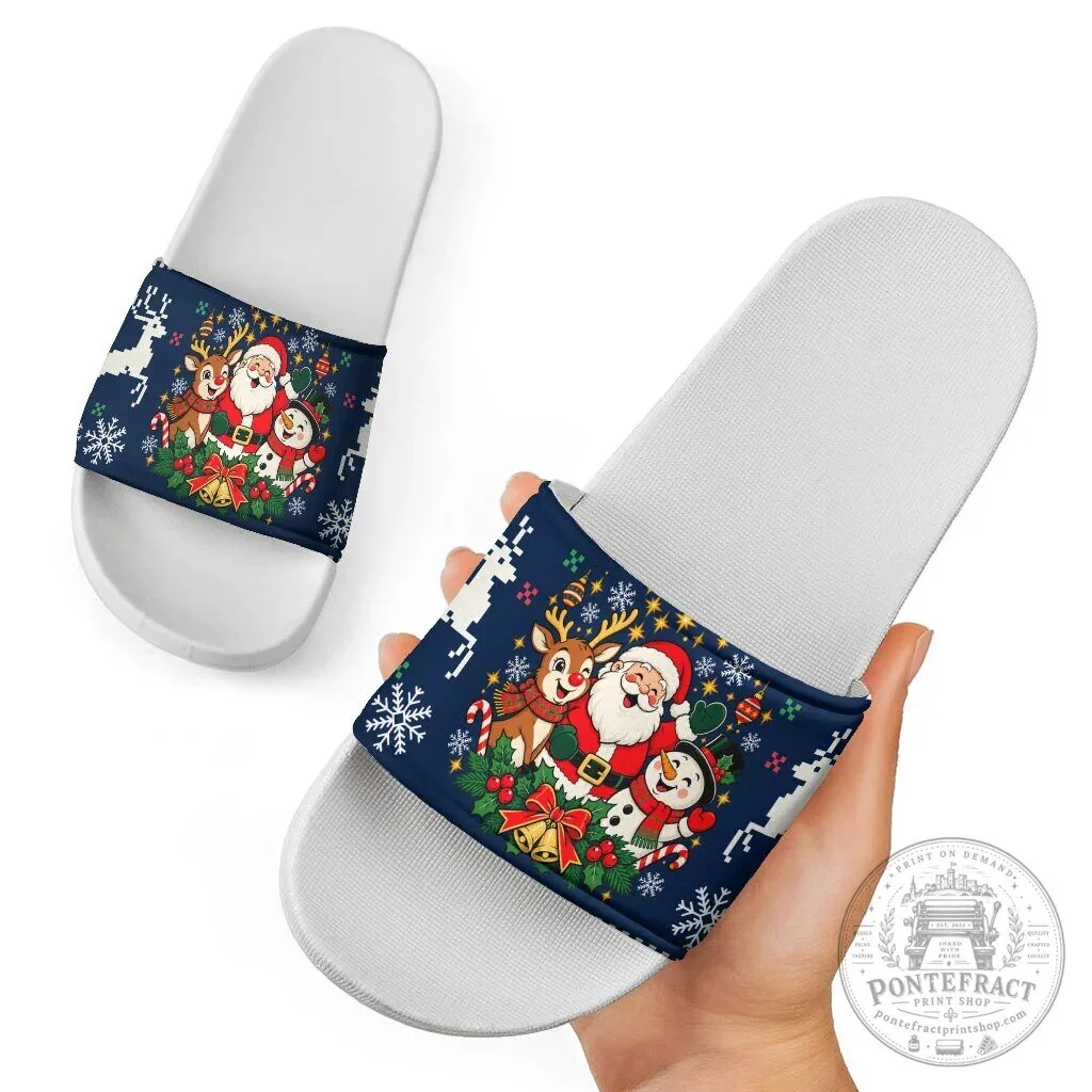Christmas Santa Claus Reindeer Snowman Holiday Pattern Slide Sandals 13 Christmas Santa Claus Reindeer Snowman Holiday Pattern Slide Sandals