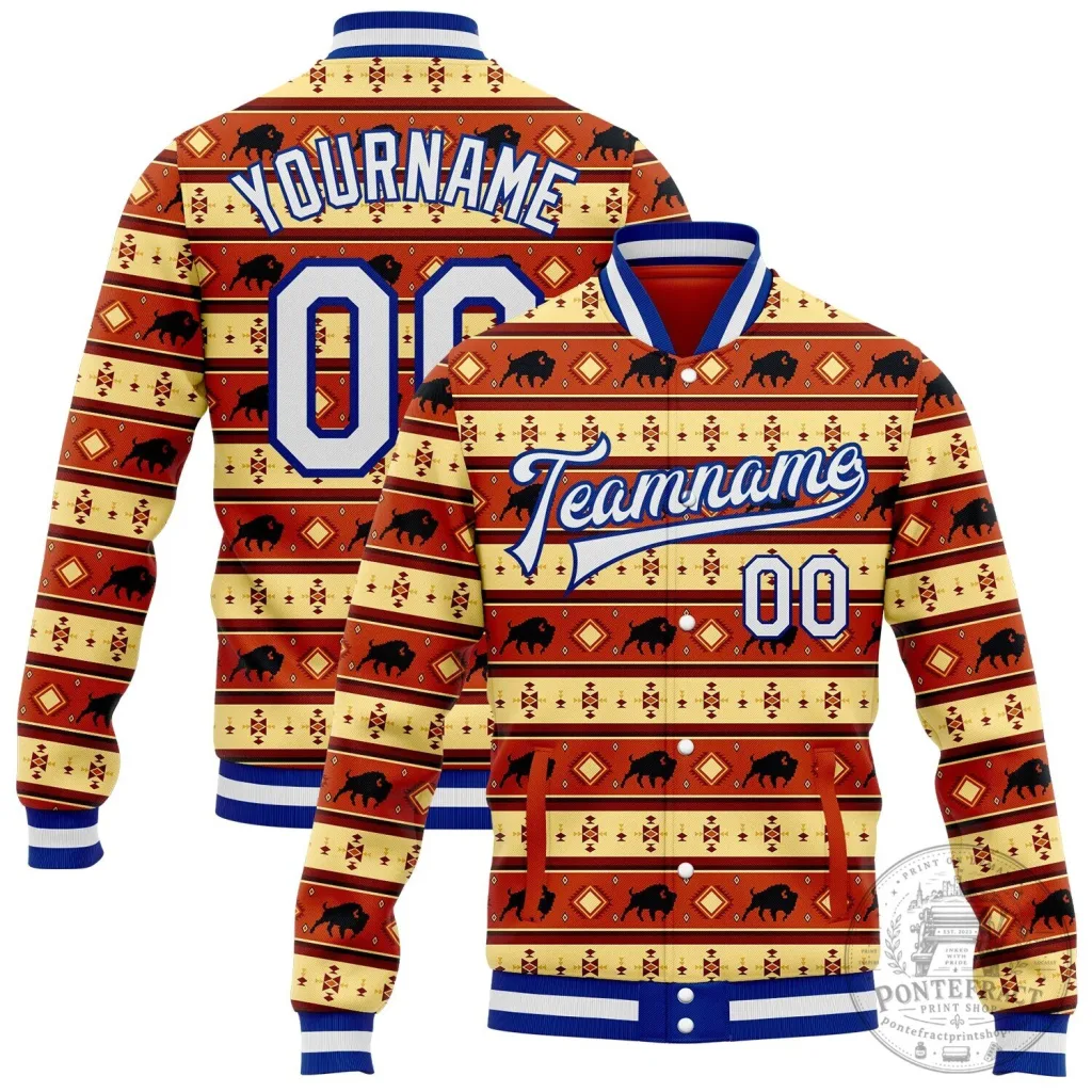 Custom Red Yellow Royal Blue Western Buffalo Aztec Pattern Varsity Jacket Custom Red Yellow Royal Blue Western Buffalo Aztec Pattern Varsity Jacket