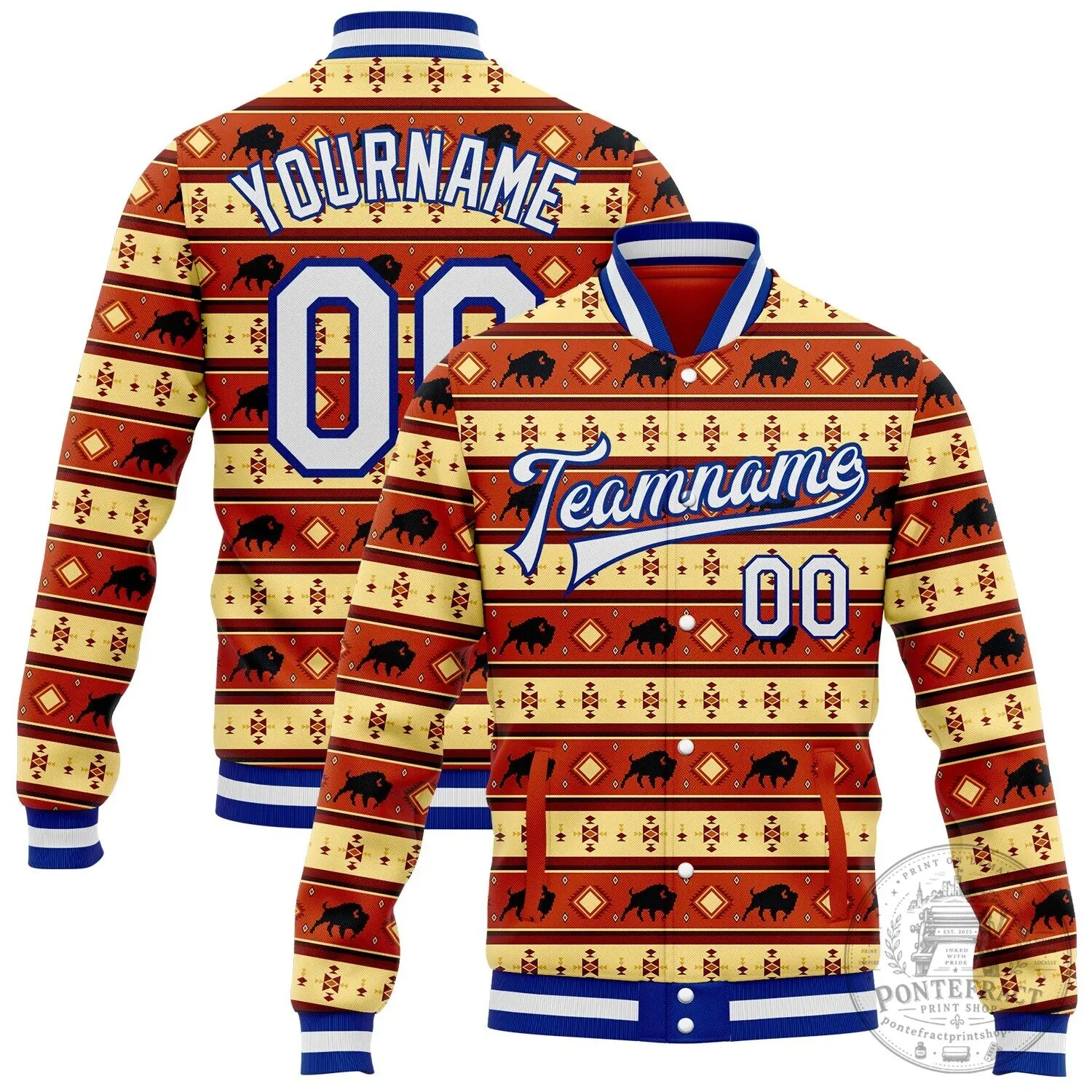 Custom Red Yellow Royal Blue Western Buffalo Aztec Pattern Varsity Jacket 2 Custom Red Yellow Royal Blue Western Buffalo Aztec Pattern Varsity Jacket
