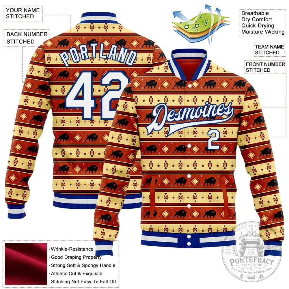 Custom Red Yellow Royal Blue Western Buffalo Aztec Pattern Varsity Jacket 13 Custom Red Yellow Royal Blue Western Buffalo Aztec Pattern Varsity Jacket