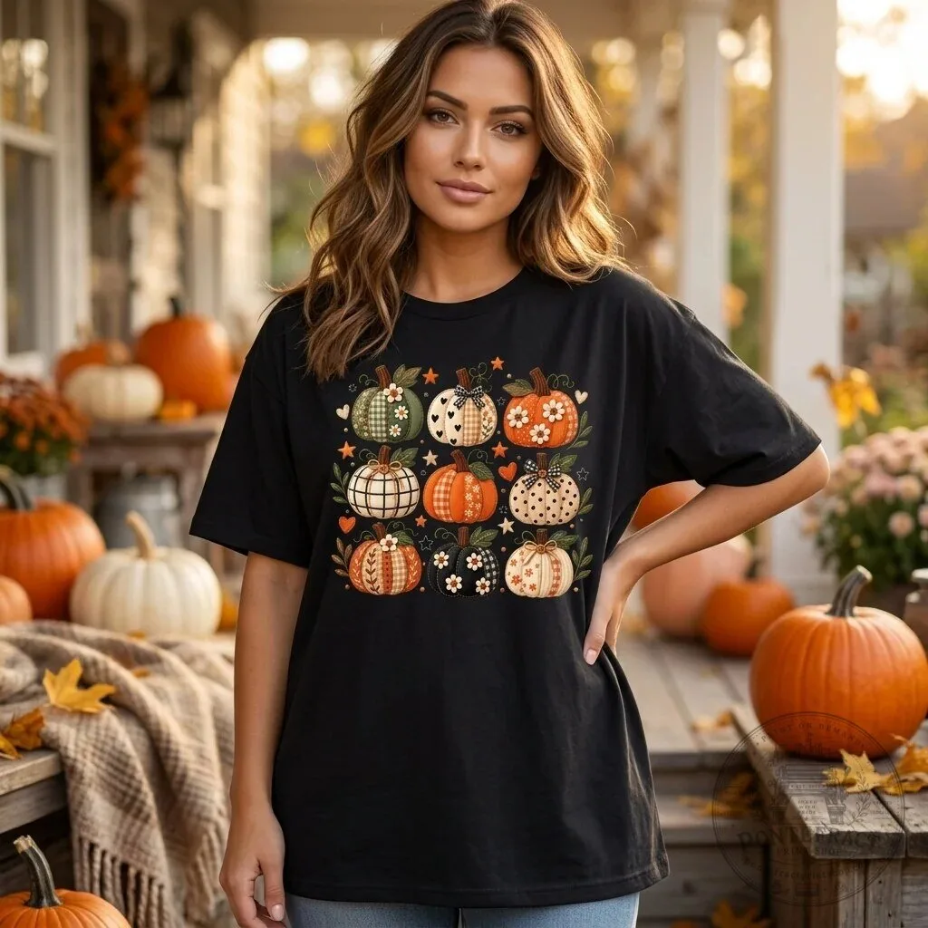 Cute Patchwork Pumpkin Pattern Fall Season Thanksgiving T-Shirt 2 Cute Patchwork Pumpkin Pattern Fall Season Thanksgiving T-Shirt