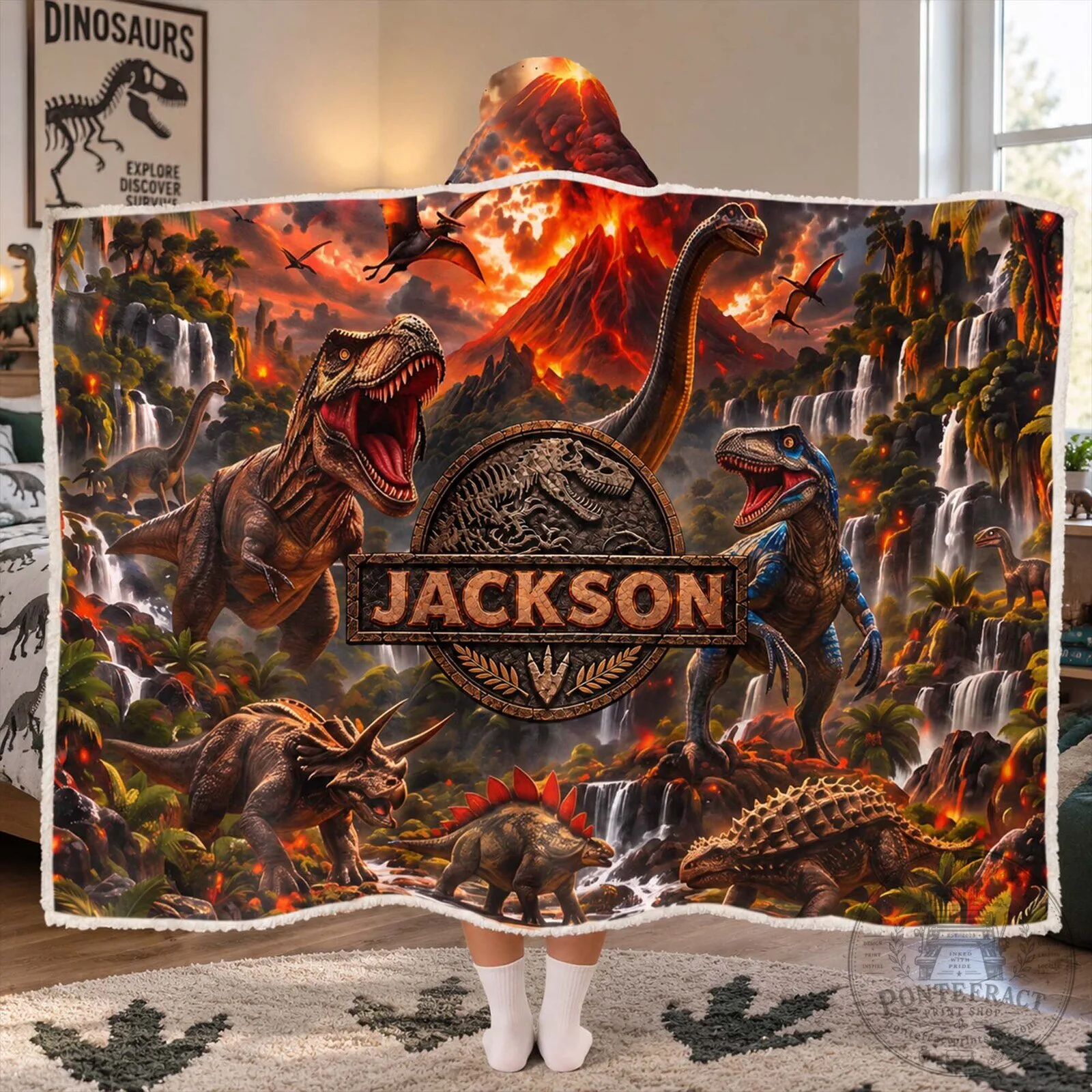 Personalized Jurassic Park Dinosaur Volcano Scene Blanket