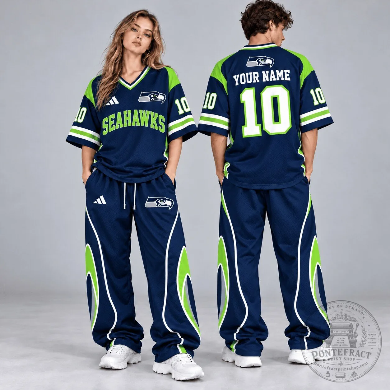 Seattle Seahawks Custom Name Number NFL Football Jersey and Wide Leg Pants Set