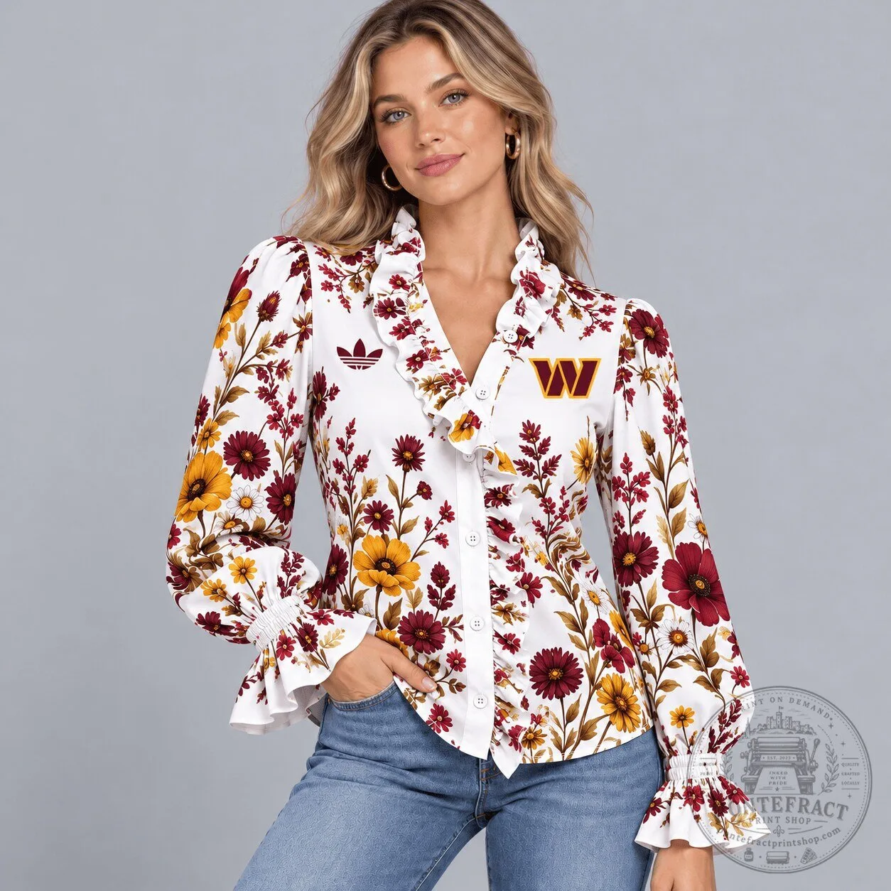 Washington Commanders Floral Ruffle Neck Long Sleeve Button Down Blouse 5 Washington Commanders Floral Ruffle Neck Long Sleeve Button Down Blouse