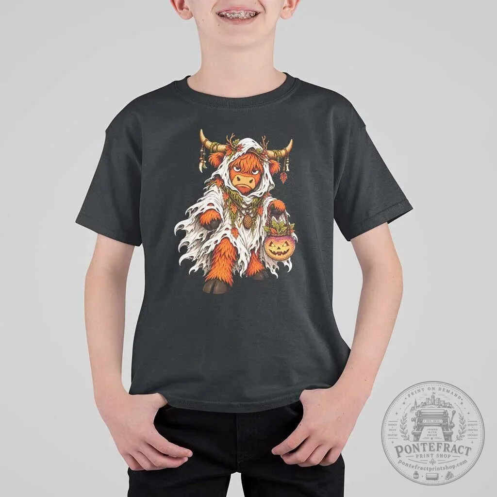 Halloween Costume Shirt Highland Cow Ghost Holding Turnip Lantern Kids T-Shirt
