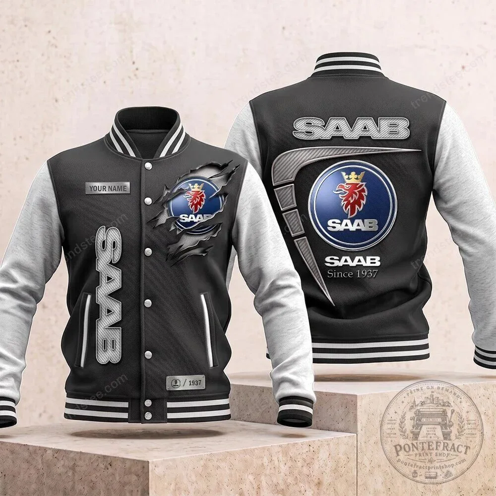 Saab Car Logo Personalized Name Black and White Varsity Jacket