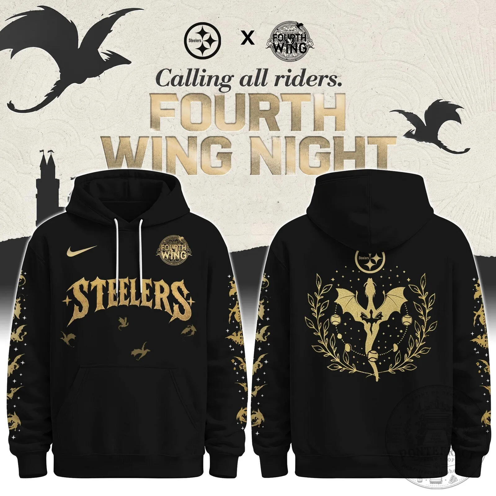 Pittsburgh Steelers Fourth Wing Night Dragon Black Gold Hoodie