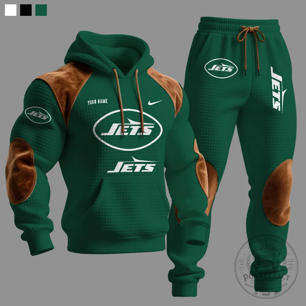New York Jets American Football Team Green Hoodie with Brown Suede Patches