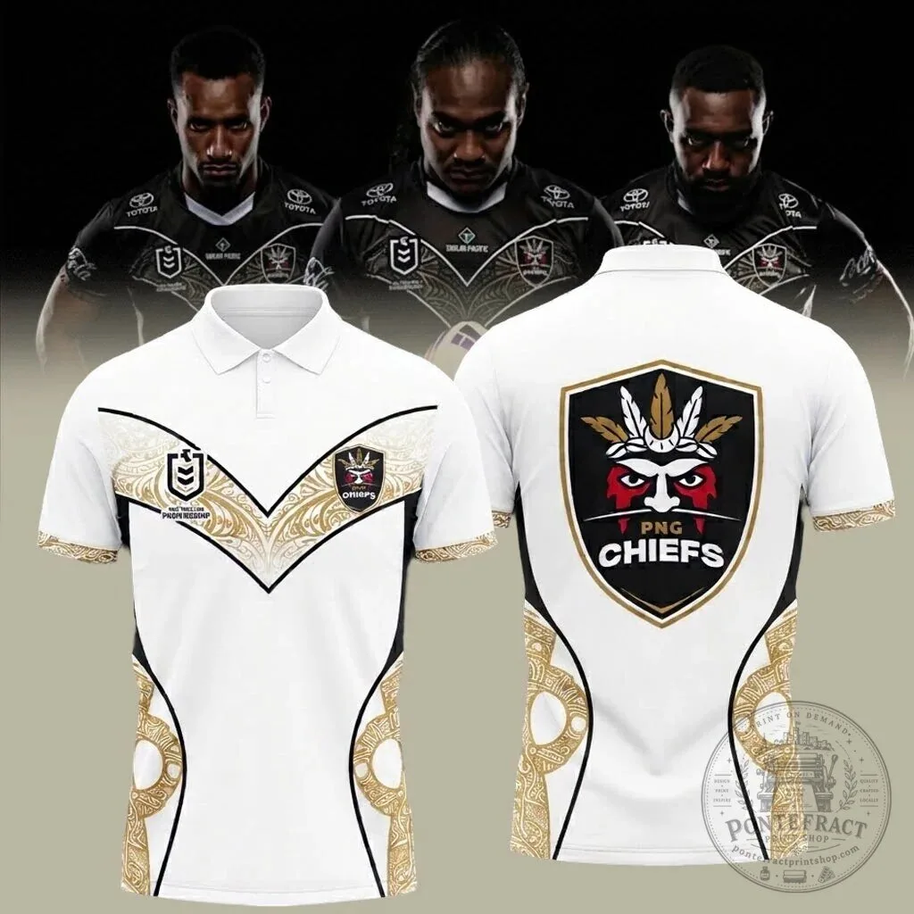 Papua New Guinea Chiefs Rugby League White Polo Shirt with Gold Trim