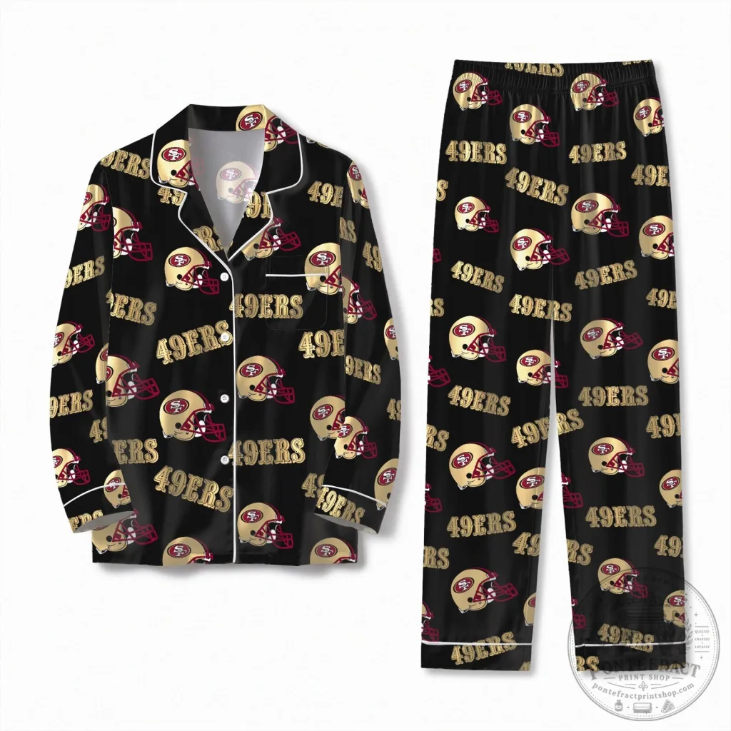 Black Satin Pajama Set featuring San Francisco 49ers Football Team Helmet Logo Black Satin Pajama Set featuring San Francisco 49ers Football Team Helmet Logo