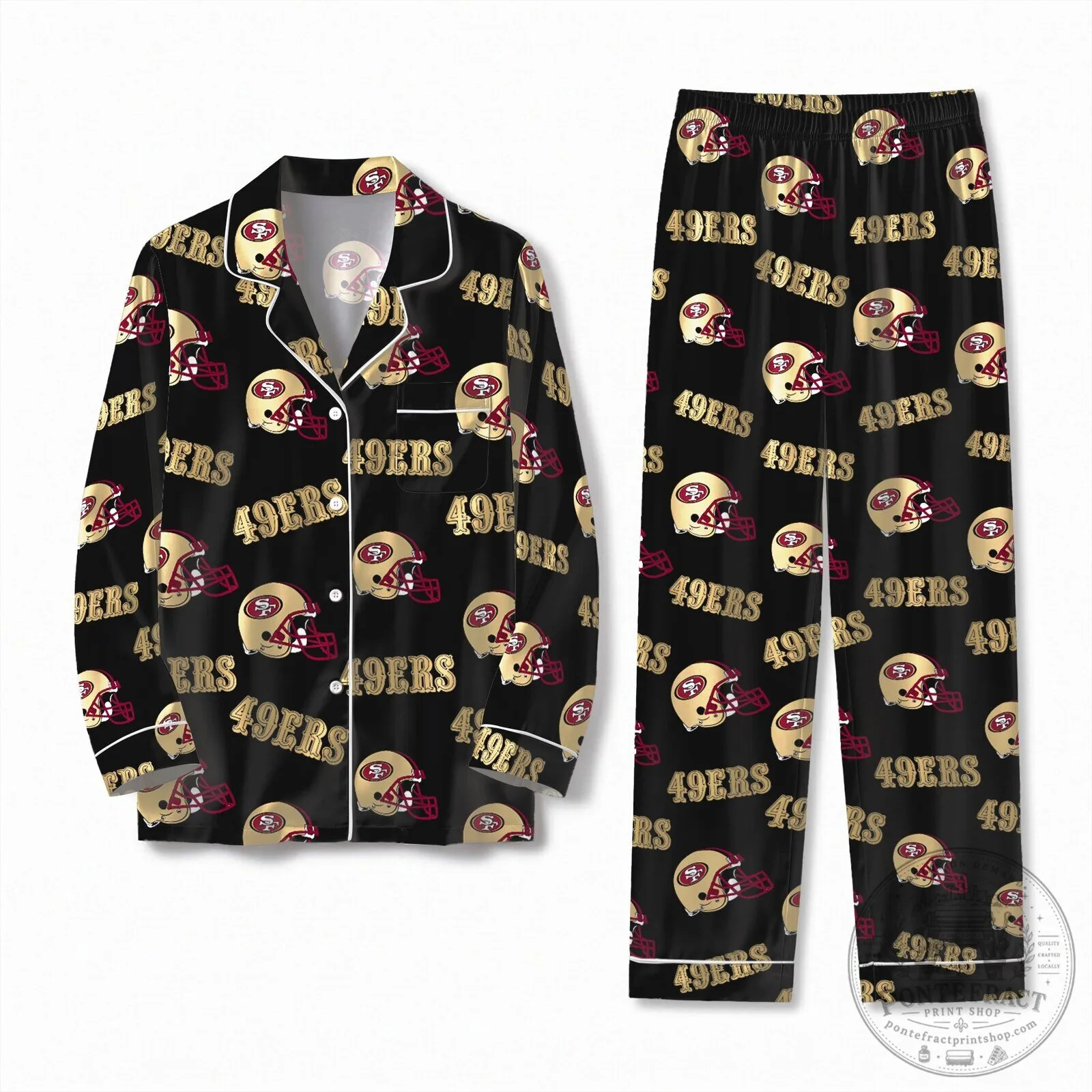 Black Satin Pajama Set featuring San Francisco 49ers Football Team Helmet Logo