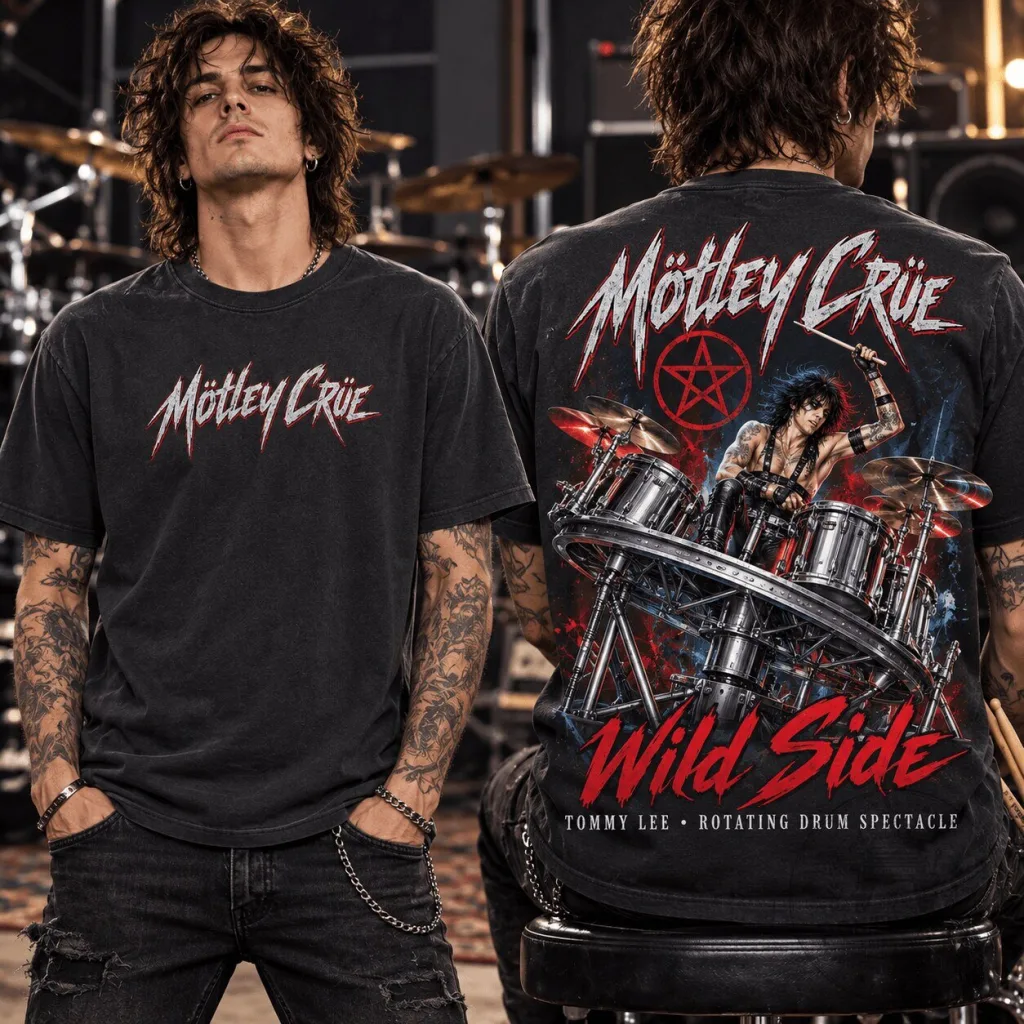 Motley Crue Wild Side Tommy Lee Rotating Drum Spectacle Graphic T-Shirt Motley Crue Wild Side Tommy Lee Rotating Drum Spectacle Graphic T-Shirt