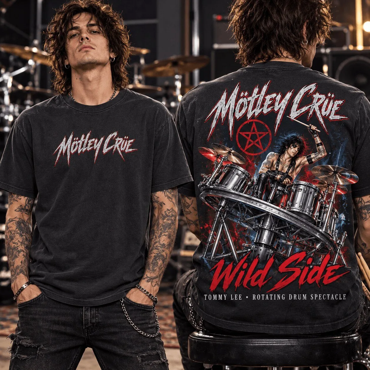 Motley Crue Wild Side Tommy Lee Rotating Drum Spectacle Graphic T-Shirt