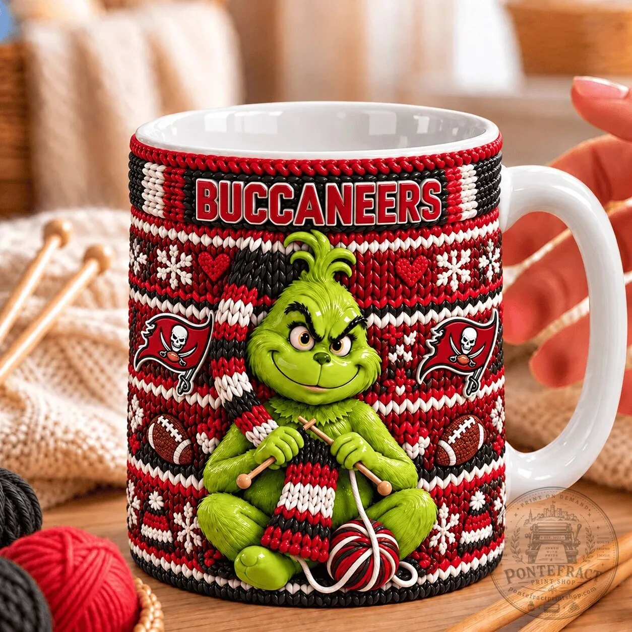 Tampa Bay Buccaneers Grinch Knitting Christmas Holiday Coffee Mug